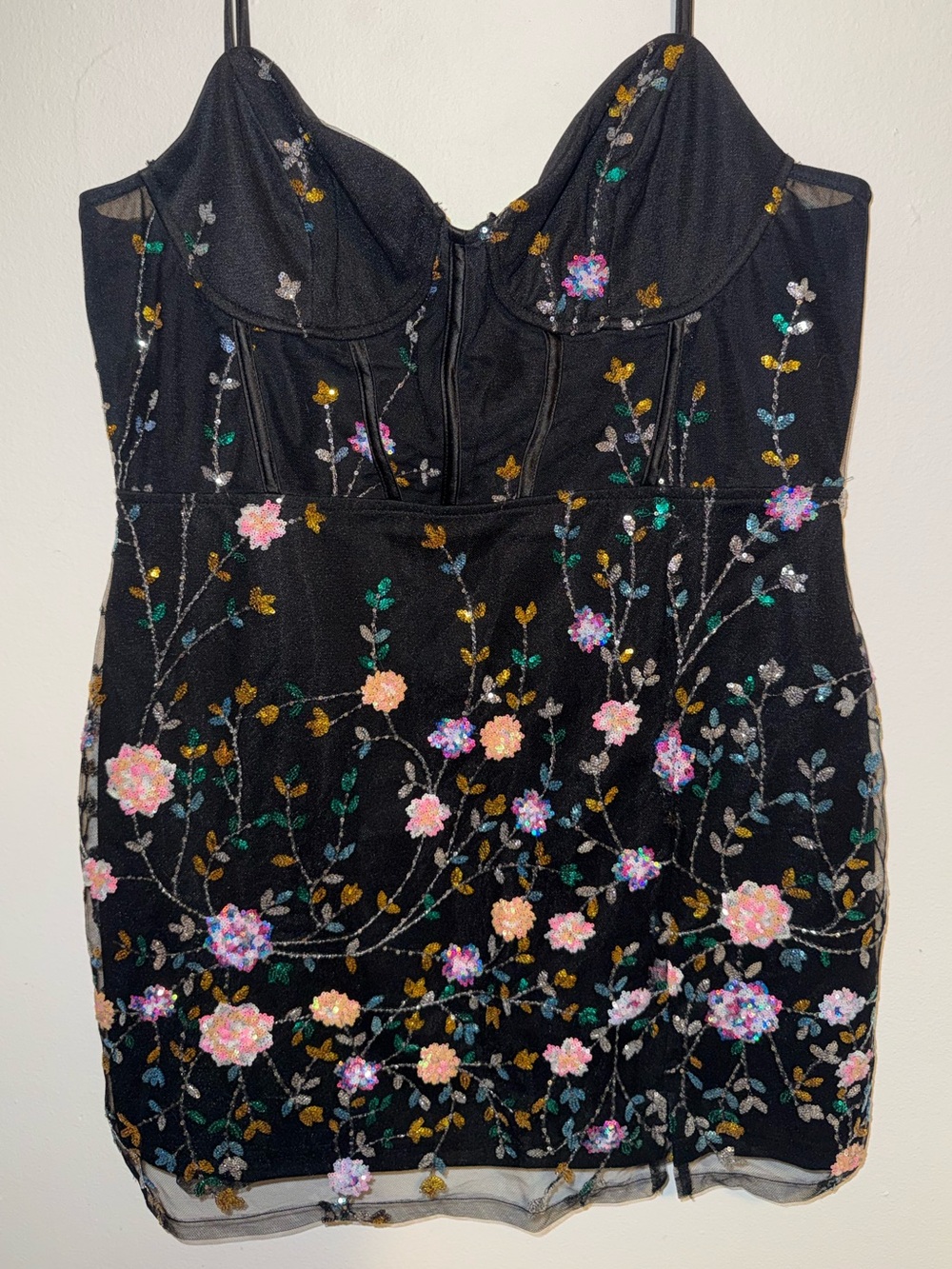 Lulu's Black Mini Dress with Multicolor Floral Sequin Embroidery
